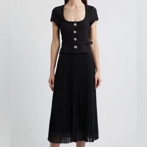 BNWT Likely Black Pleated Christine MIDI Dress with Crystal Buttons sz. 2